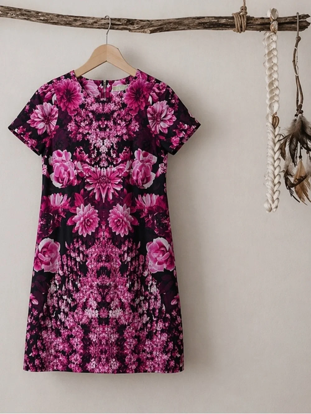 Michael Kors Kew Garden Floral Sheath Dress Short Sleeve Pink Zip Closure Sz 10